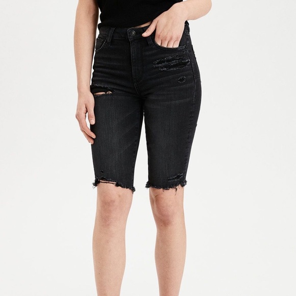 NWOT AEO super hi-rise biker denim shorts washed black distressed Bermuda Size 4 - Picture 1 of 8